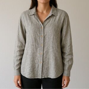 FLAX by Jeanne Englehart 100% Taupe Gray Linen Long sleeve Button down Shirt‎ M